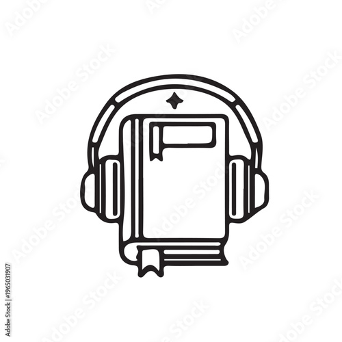 Headphones over a book symbolizing audiobook and digital learning.
