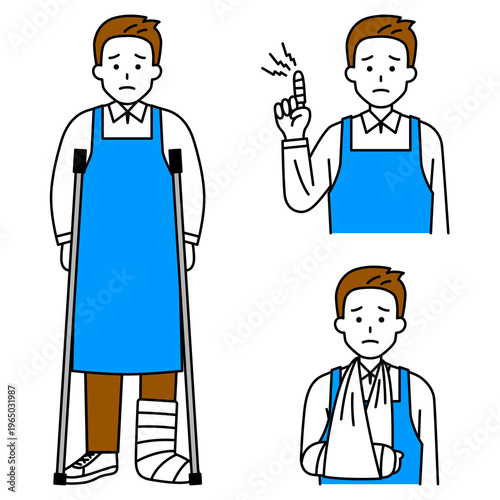 指・腕・足の怪我をしているエプロン姿の男性のセット