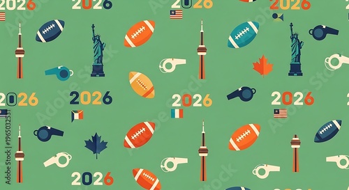 Seamless pattern with american football elements, statue of liberty, cn tower, and 2026 text on green background