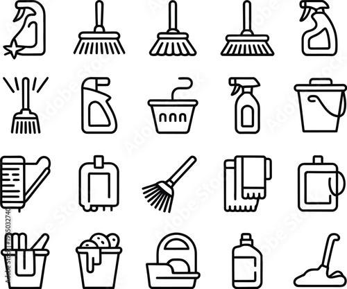 Cleaning tools icon set for household chores and organization