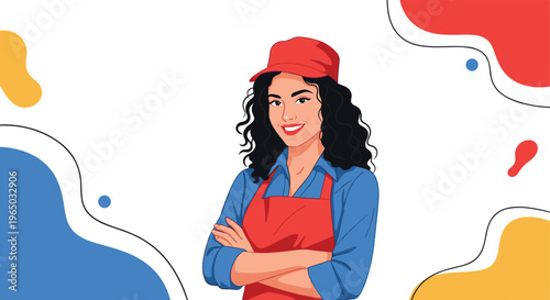 Confident young woman with curly hair wearing a red apron and cap standing with arms crossed against a colorful abstract background.