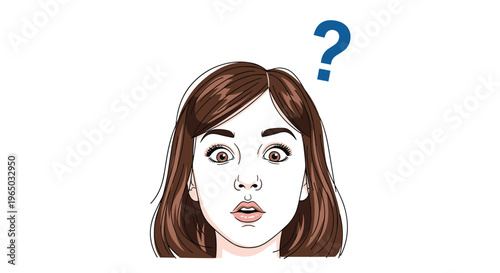 Young woman with brown hair looking extremely surprised or shocked with a blue question mark floating above her head in curiosity.
