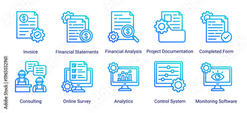 Construction finance and documentation icon set featuring invoice,analytics,reporting,and monitoring system.Ideal for business and financial management.