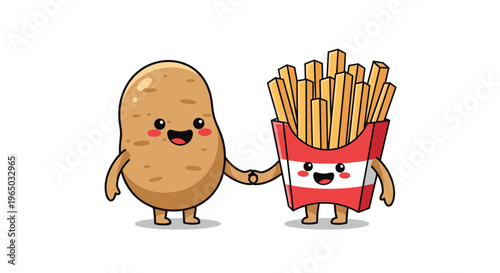 Cute cartoon potato character holding hands with a box of french fries symbolizing a funny and friendly connection between food.