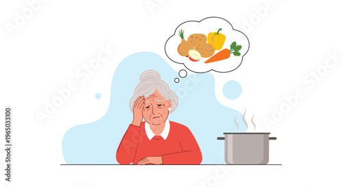 Sad elderly woman looking tired and worried while thinking about a healthy meal of various vegetables next to a cooking pot.