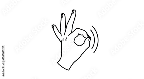 Line drawing of a hand making the okay sign gesture with lines indicating movement or signal on a plain white background.