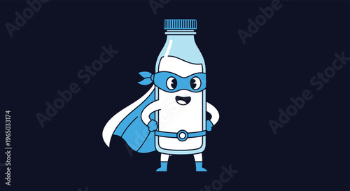 Cute cartoon milk bottle dressed as a superhero with a blue mask and cape standing confidently on a dark background.