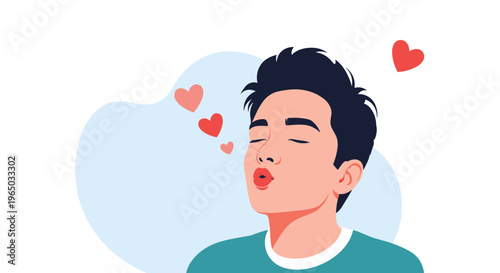 Romantic young man closing his eyes and blowing kisses with several red and pink hearts floating in the air around him.