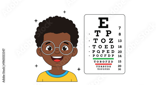 Happy young boy wearing round glasses standing next to a standard eye testing chart for a vision check at the clinic.