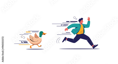 Energetic young man running fast alongside a mallard duck on a plain white background representing speed and activity.