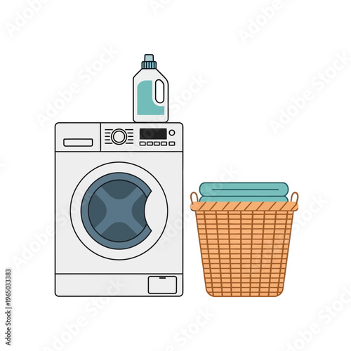 Washing Machine, Laundry Basket, and Detergent - Clean Clothes Concept