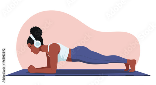 Fit young woman with headphones performing a forearm plank on a yoga mat during a workout session at home or gym.
