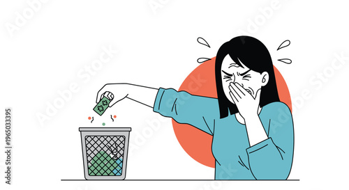 Stressed woman covering her nose while throwing a package of pills into a trash can expressing dislike or rejection.