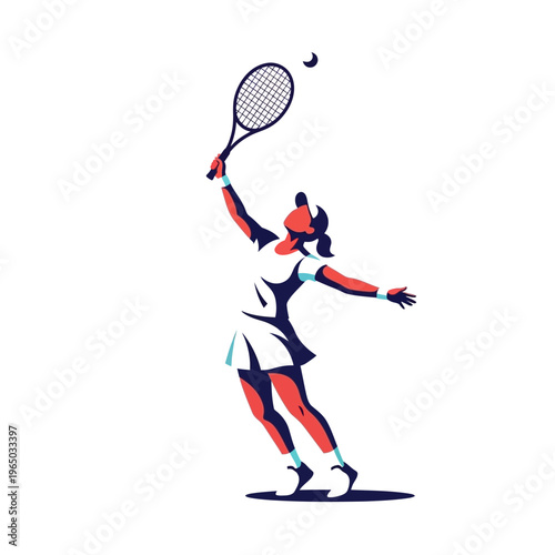 Female Tennis Player Serving Ball with Racket - Dynamic Sport Illustration