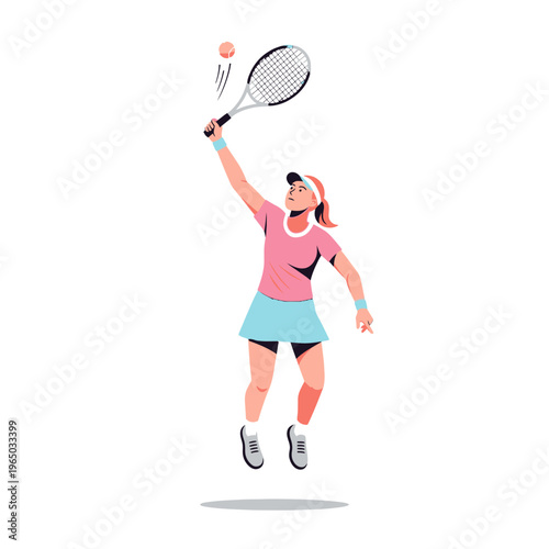Female tennis player serving ball with racket, dynamic action shot, sport illustration
