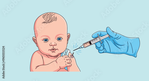 Small baby receiving a vaccination shot in the arm from a healthcare professional wearing blue medical gloves.