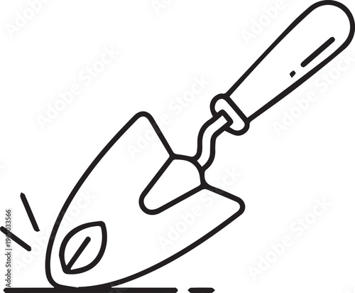 A trowel is shown in a simple line drawing