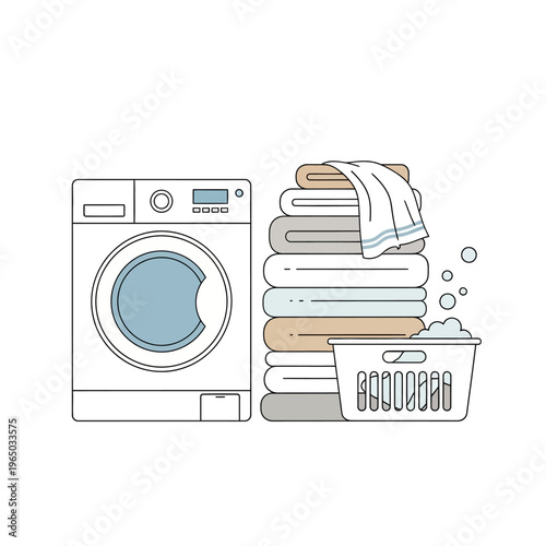 Clean Laundry Pile, Washing Machine, and Basket with Soap Bubbles - Flat Icon Style