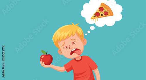 Crying young boy looking unhappy with a red apple while dreaming of a delicious slice of cheesy pepperoni pizza.