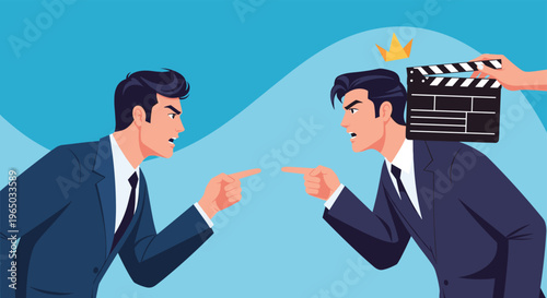 Two angry businessmen in suits pointing fingers and shouting at each other during a heated conflict or professional disagreement.