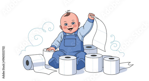 Cheerful baby sitting and playing with several rolls of white toilet paper while holding one high up in the air with joy.