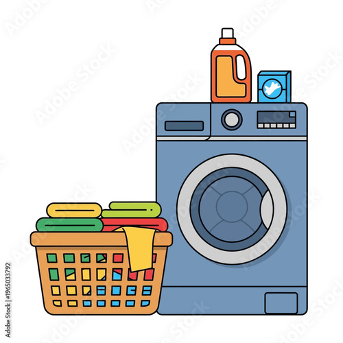 Laundry basket with folded clothes next to washing machine and detergent