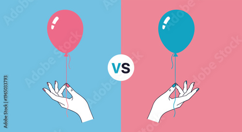 Two hands holding a pink balloon and a blue balloon on a split background with a vs symbol for gender reveal or comparison.