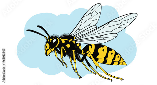 Colorful illustration of a yellow and black wasp flying against a soft blue cloud background representing nature and insects.