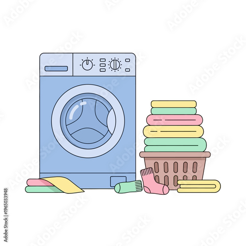 Laundry concept: washing machine, basket with clean clothes, socks, and folded towels