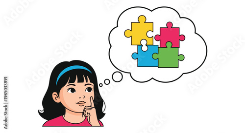 Young girl looking thoughtful while thinking about four colorful interlocking jigsaw puzzle pieces in a thought bubble above her.