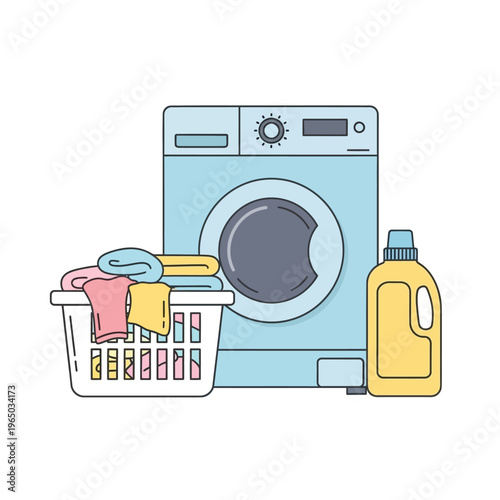Laundry Day: Washing Machine, Basket of Clothes, and Detergent Bottle