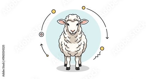 Cute white sheep character standing inside a light blue circle surrounded by abstract design elements and arrows on a white background.