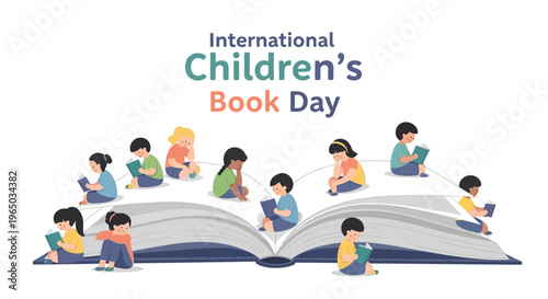 Vector illustration of children reading books on International Children's Book Day with colorful design elements.