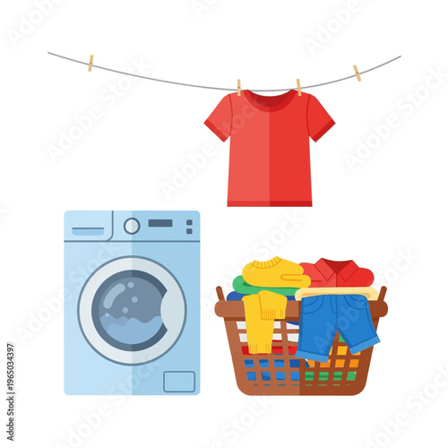Laundry day: Washing machine, clothes basket, and clothes drying on a line.