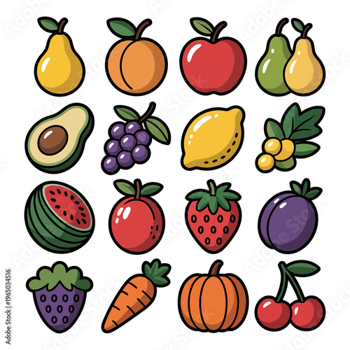 A colorful illustration of various fruits and vegetables icons