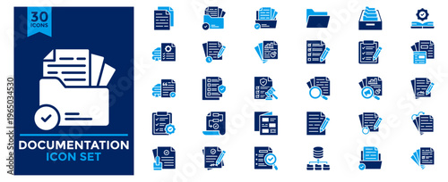 A collection of documentation icons. Contains icons for documents, files, folders, notes, reports, documents, forms, repositories, and note-taking. Simple flat vector illustrations.