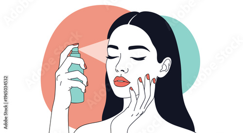 Beautiful young woman with closed eyes applying a refreshing facial spray or mist to her skin for hydration and skincare routine.