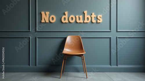 Single chair with no doubts text representing unquestioned authority certainty narrative and lack of critical evaluation within political systems