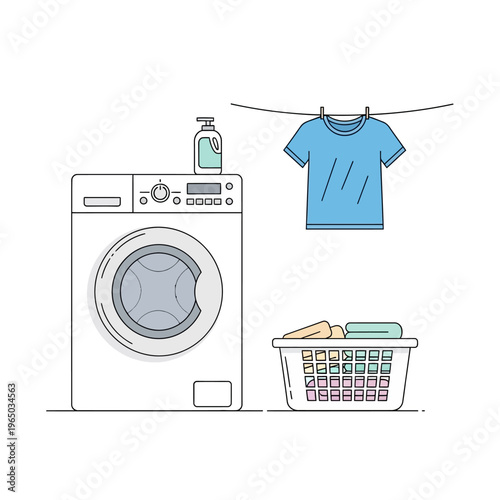Laundry Day: Washing Machine, Clothesline, Basket, Detergent - Cleanliness Concept
