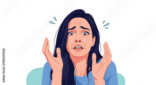 Distressed young woman with dark hair crying and expressing deep sadness or anxiety with tears on her face and raised hands.