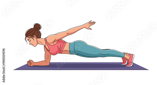 Athletic young woman performing a challenging one-arm plank exercise on a yoga mat during her fitness workout session at home.