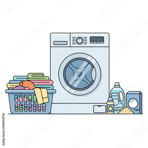 Laundry Room Essentials: Washing Machine, Basket of Clothes, Detergent and Powder