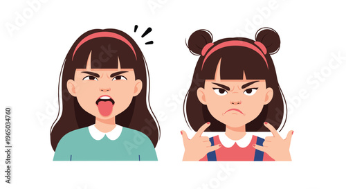 Set of two character illustrations showing a young girl with different angry expressions sticking her tongue out and making signs.