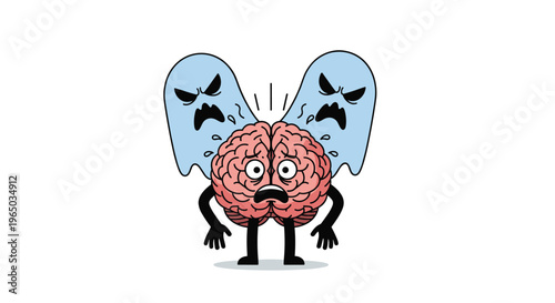 Scared cartoon brain character with its hands on its hips looking worried while two blue ghosts haunt it from behind.