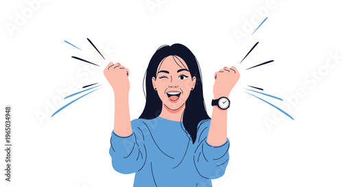 Cheerful young woman with long dark hair winking and celebrating success with her fists raised in a triumphant gesture.