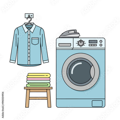 Laundry room scene: washing machine, ironed shirt on hanger, folded clothes on stool.