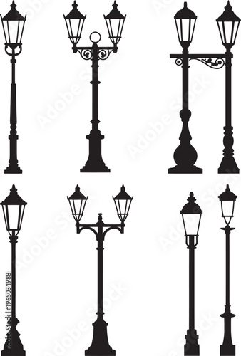 Set of vintage street lamp vector icons in city style