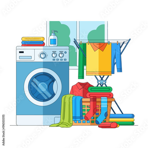 Laundry Room Scene with Washing Machine, Clothesline, and Basket of Laundry