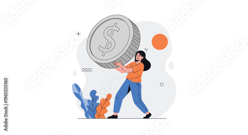 Young woman wearing a t-shirt and jeans struggling to carry a massive silver dollar coin representing financial burden or savings.