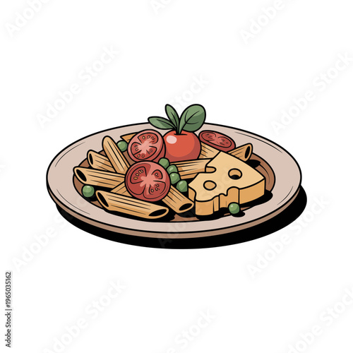 A plate of pasta with cheese and tomatoes is served on a table